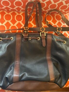 PIKOLINOS Black and Brown Leather Satchel with Floral Strap